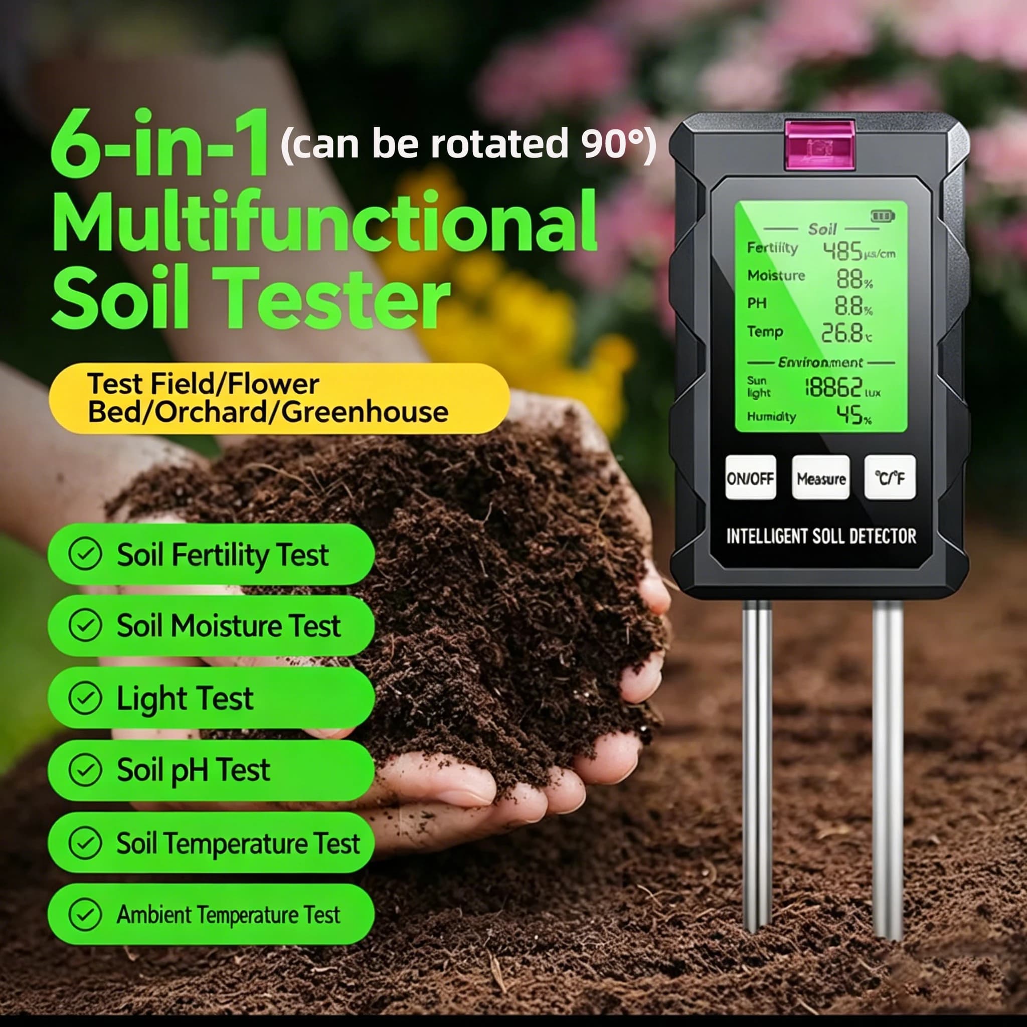6 in 1 Soil Detector Soil Tester PH Temperature Humidity Sunlight Air Moisture Nutrient Fertility Meter Gardening Tool