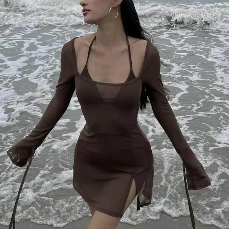Strap Ins Costume da bagno primavera calda in tre pezzi con cappuccio a maniche lunghe con protezione solare divisa da donna