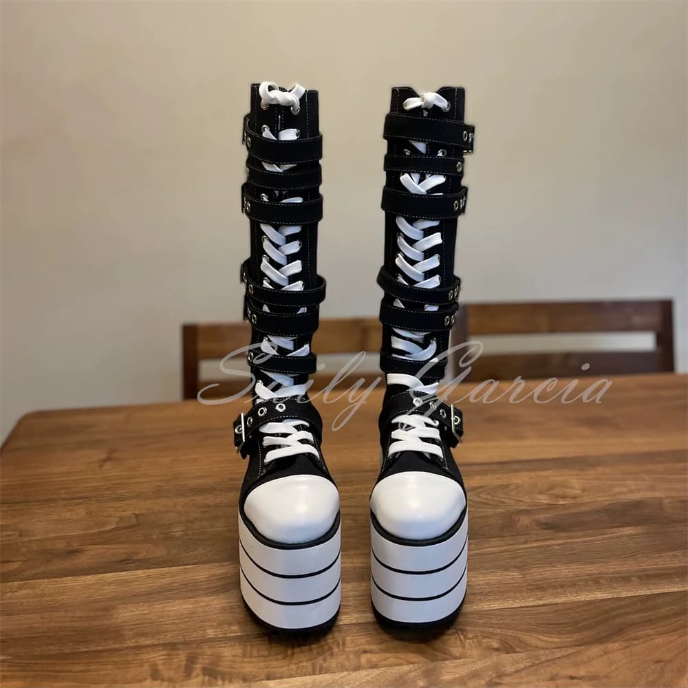 Street Punk Rivet Gothic Style Thick Sole Belt Buckle Round Toe Knee High Canvas Boots Balck White Platform Casual Long Boot