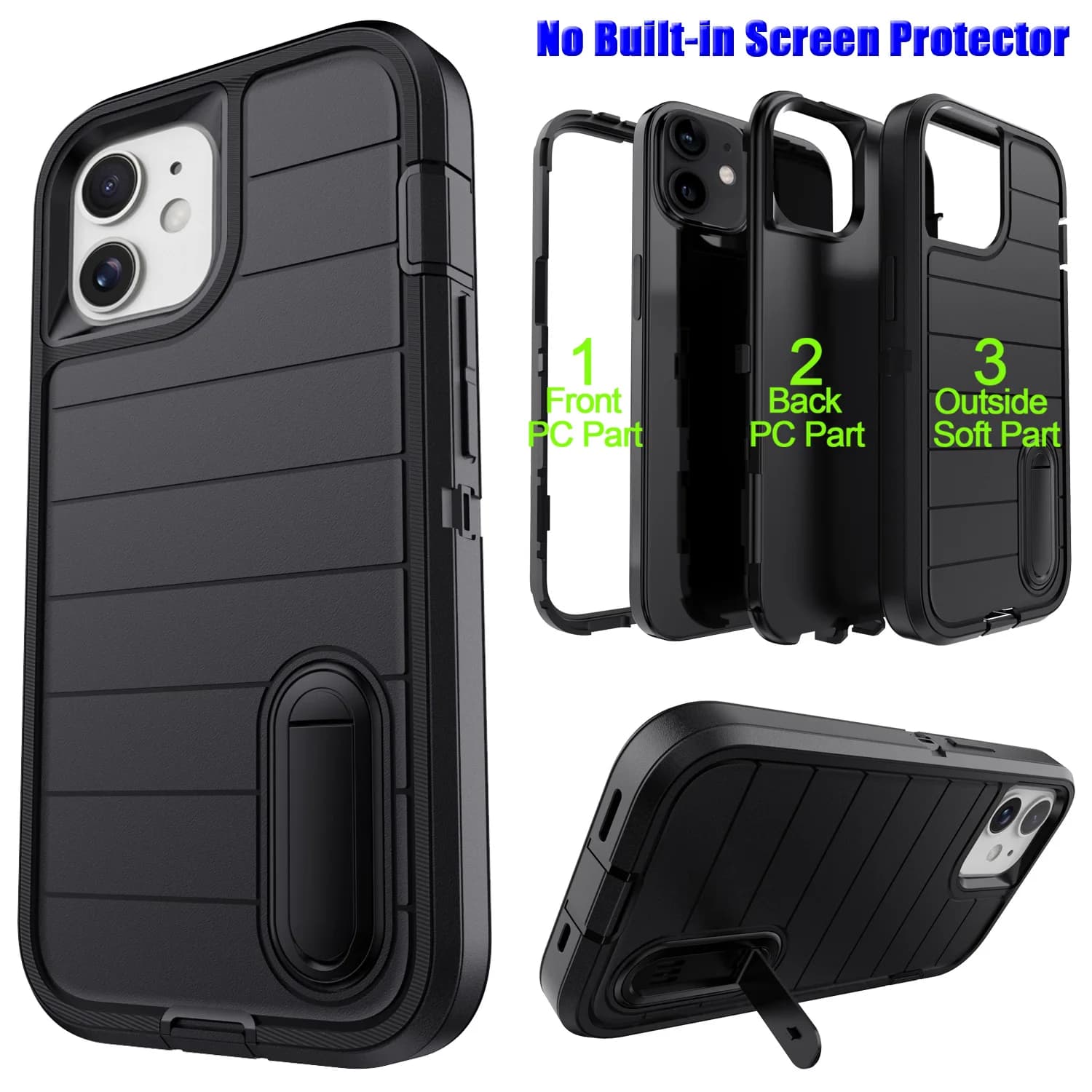 Per iPhone 11 12 13 14 15 16 Plus Pro Max Custodia resistente antiurto ibrida robusta con cavalletto nera