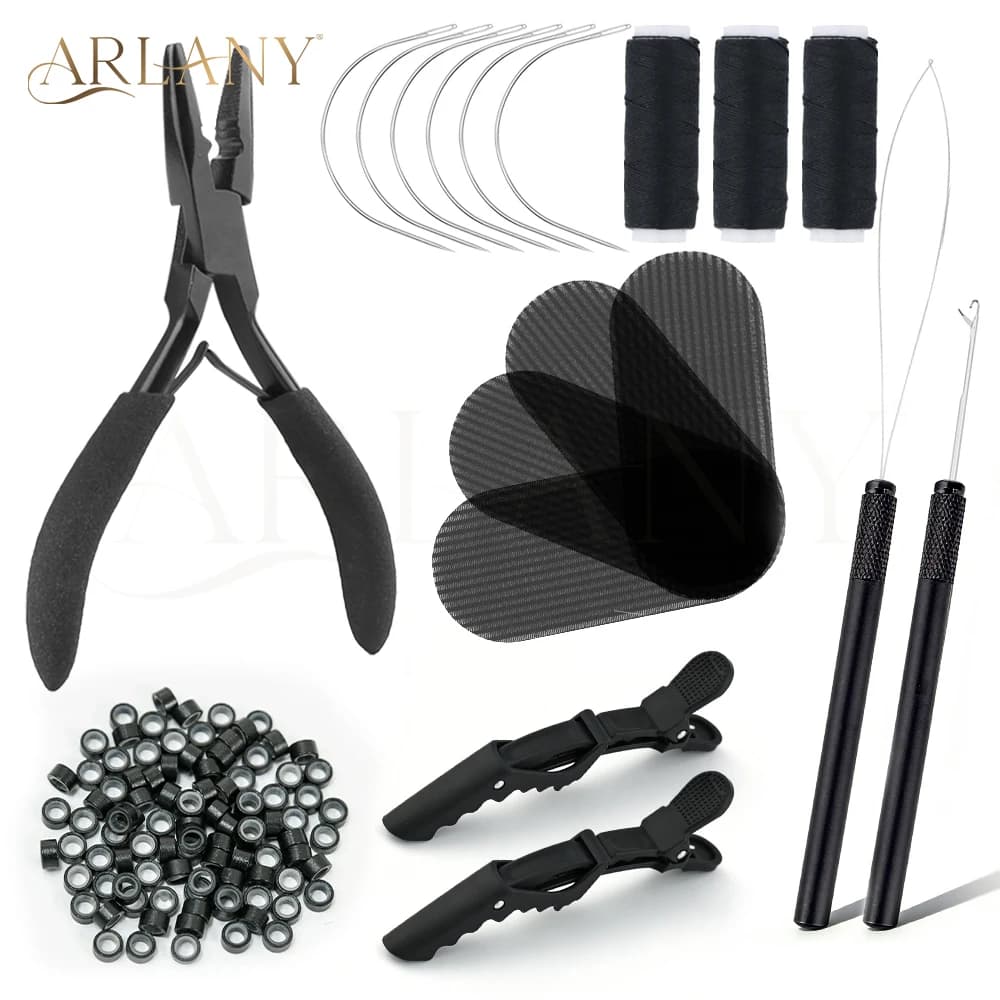 Kit di Pinze per Extension Capelli ARLANY con 500 Microperline in Silicone da 4mm, Dispositivo per Applicazione e Filo per Cucire