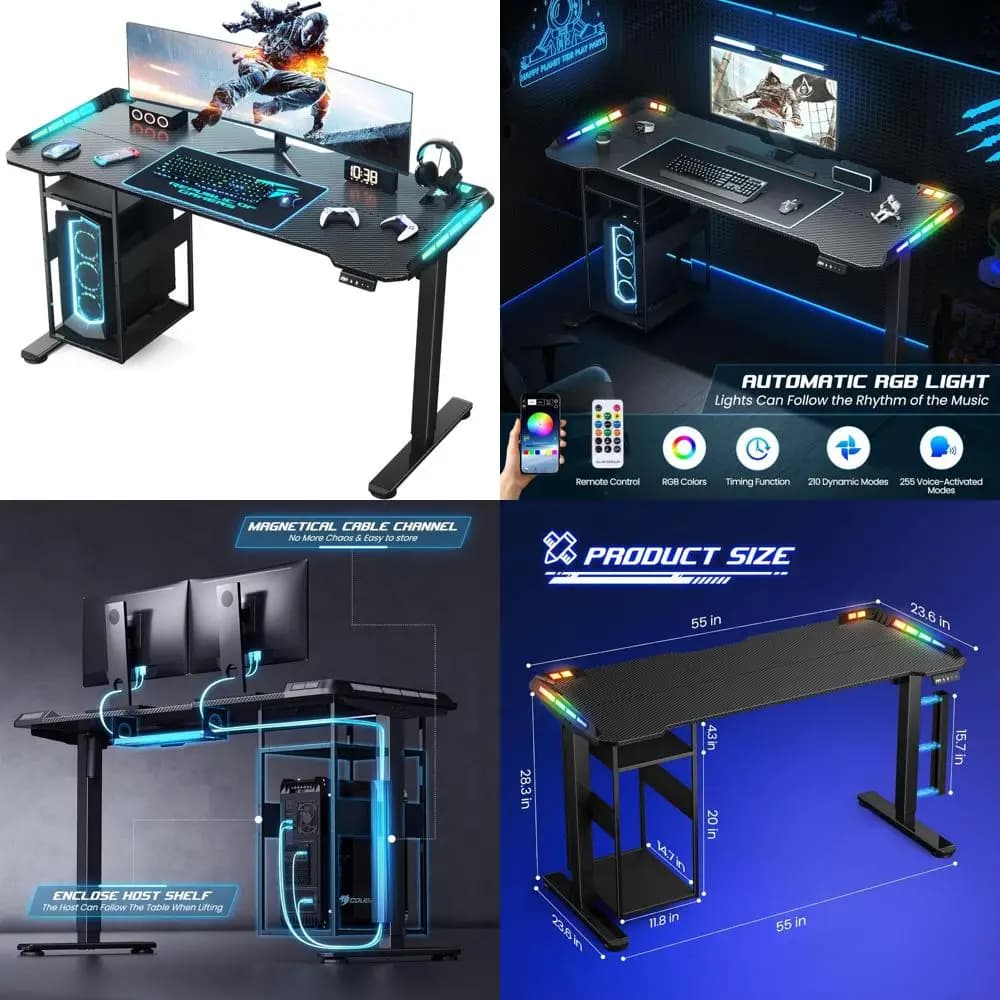 Scrivania da gioco illuminata a LED con controllo tramite app con musica, spazio da scrivania 55 x 24 e ripiano per la gestione dei cavi