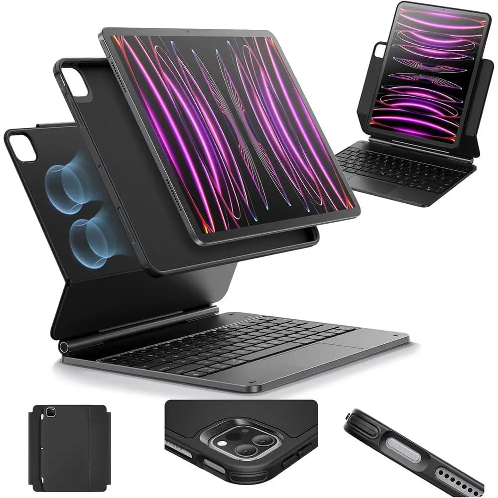 Custodia per iPad Pro da 12,9 pollici con tastiera, supporto magnetico, visualizzazione verticale/rialzata, serie 360, nera