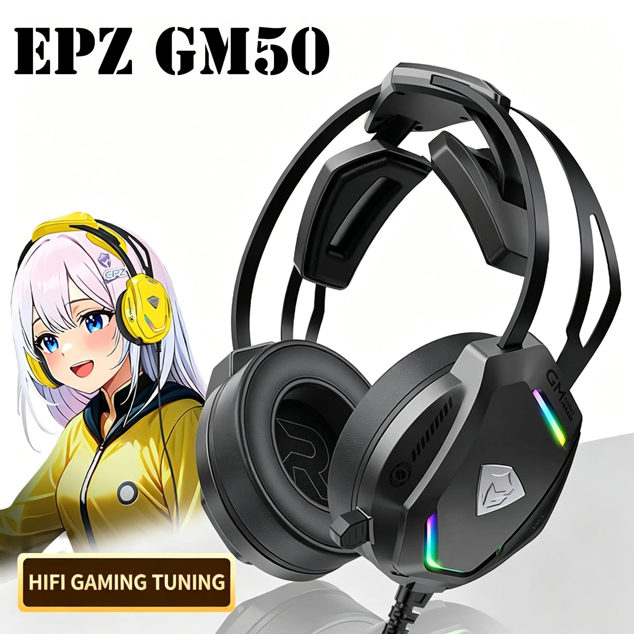 EPZ GM50 Gaming Headset Over-Ear Wired Headphones 7.1 Surround Sound Dynamic Driver ENC Noise Reduction RGB E-Gaming Headphones