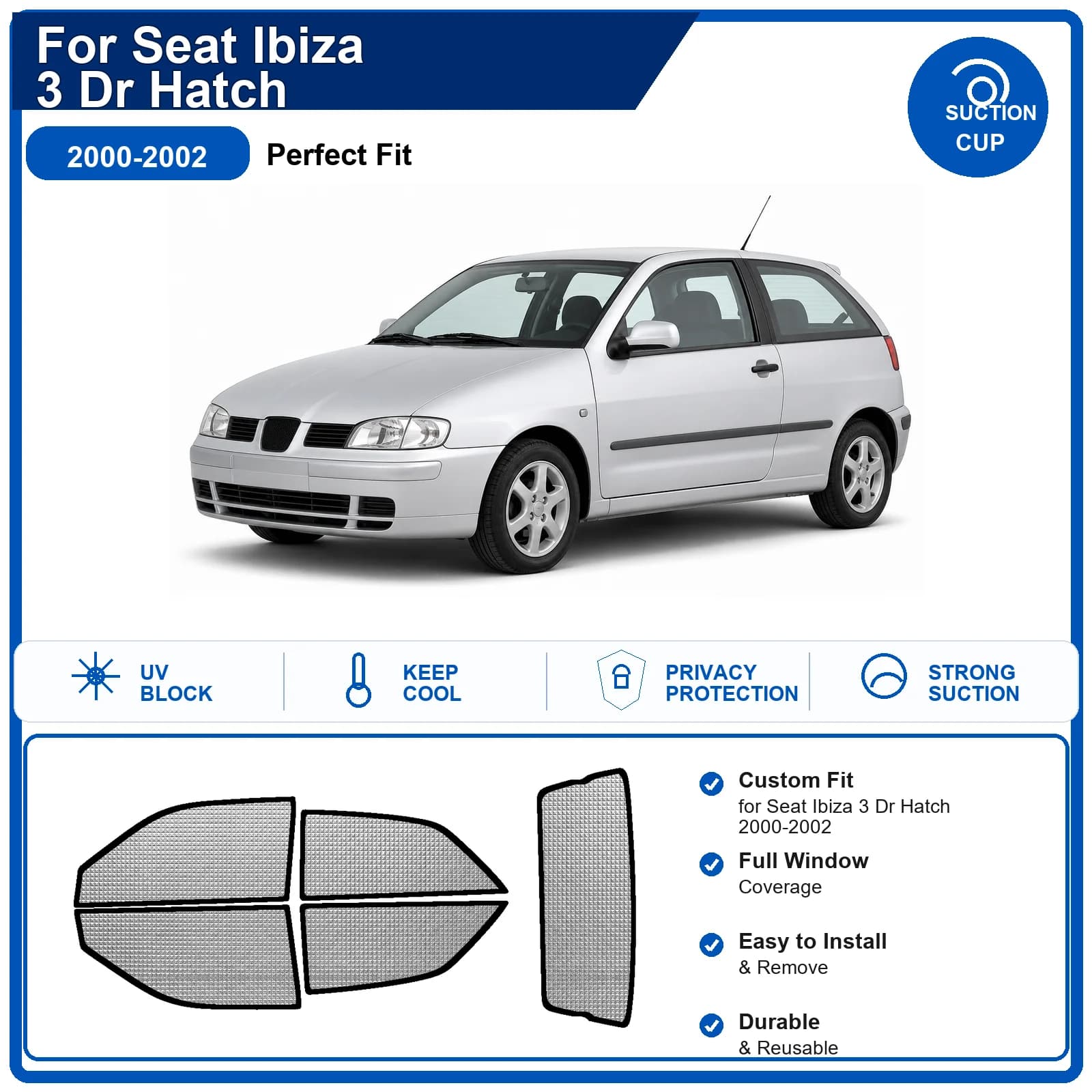 For Seat Ibiza 3 Dr Hatch 2000-2002 Custom Full Set Windshield Sun Shade Aluminum Foil Heat Insulation Anti UV Foldable