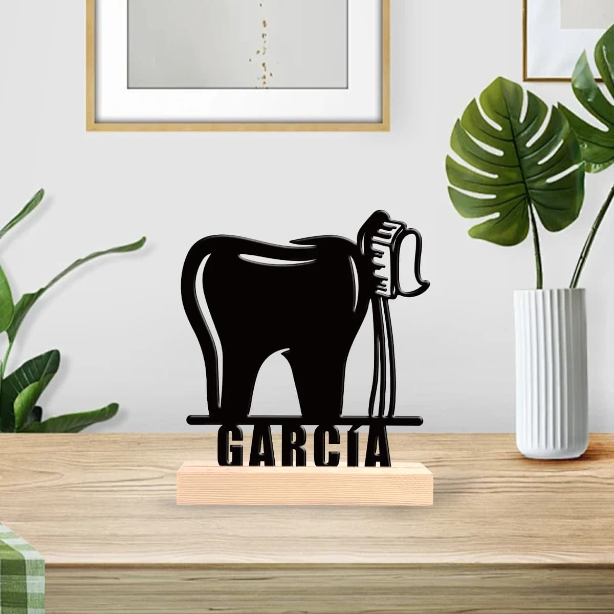 1 pz. Ornamento personalizzato a forma di spazzolino da denti con base in legno, decorazione da tavolo per casa, ufficio, negozio, regalo per compleanno, matrimonio, laurea per la famiglia