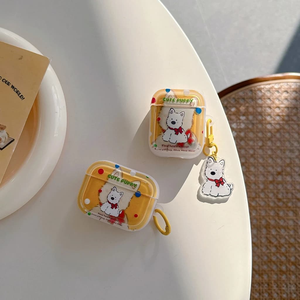 Protective Housing for AirPods 1 or 2 3 Pro Pro2 Pro3 with White Puppy Shape Pendant and Colored Pois