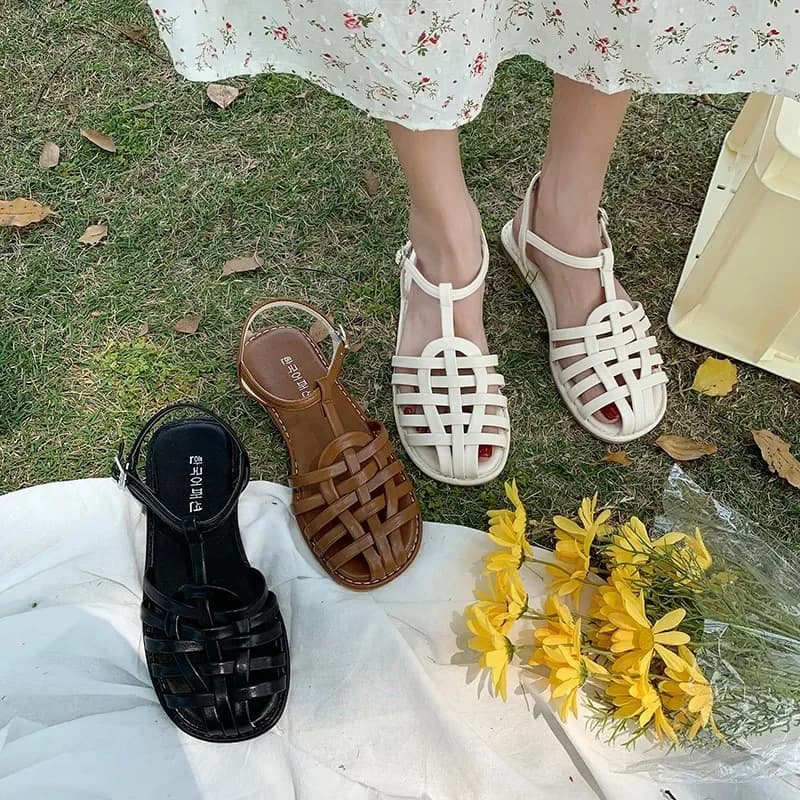 Sandali da donna Pantofole estive romane Sandali Baotou femminili Appartamenti vintage Tessuto Scarpe casual da donna Sandali da donna di grandi dimensioni