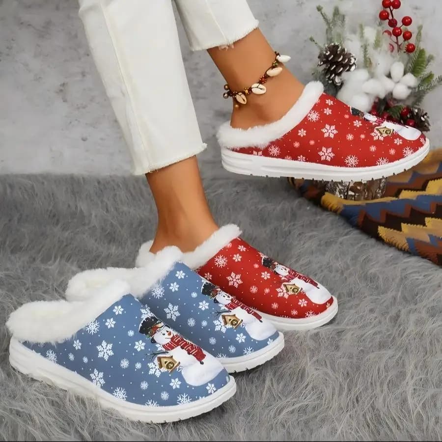 Womens Fuzzy Christmas Slippers, Snowman Print Warm Plush House Shoes, Cozy Winter Indoor Slip-ons for Holiday