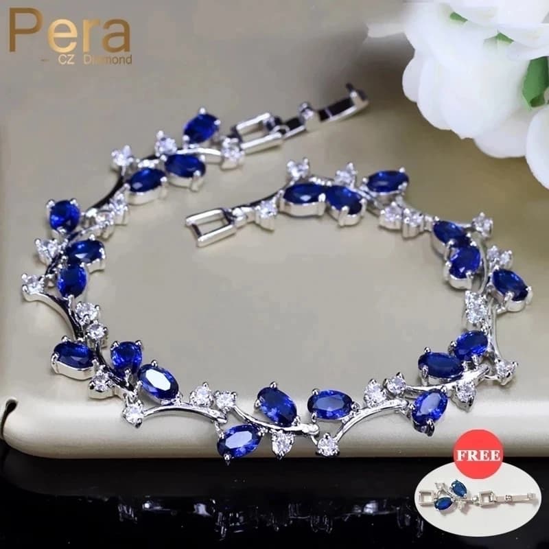 Pera Natural Royal Women Jewelry colore argento blu scuro CZ Crystal Leaf Chain Link bracciali e braccialetti per regalo di festa B042