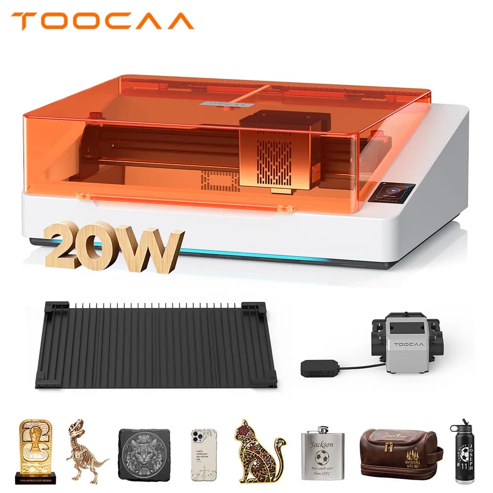 TOOCAA NOVA 20W Incisore Laser per Principianti con Assistenza Aria Intelligente e Telecamera da 5MP, Macchina per Incisione e Taglio Laser Desktop Completamente Chiusa con Autofocus e Doppio Scarico, Preassemblata per Fai-da-te Domestico, Legno, Acrilico, Pietra e Artigianato