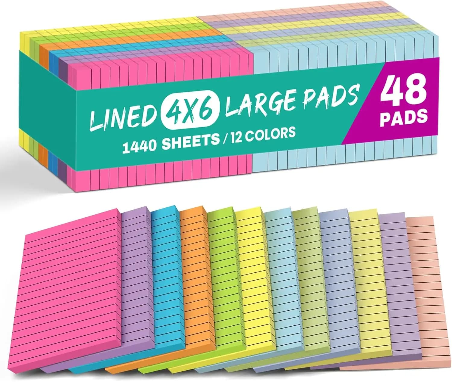 48 Fogli di Note Adesive a Righe, 4x6 Pollici (10,2x15,2 cm), Multicolore per Ufficio e Pianificazione Domestica