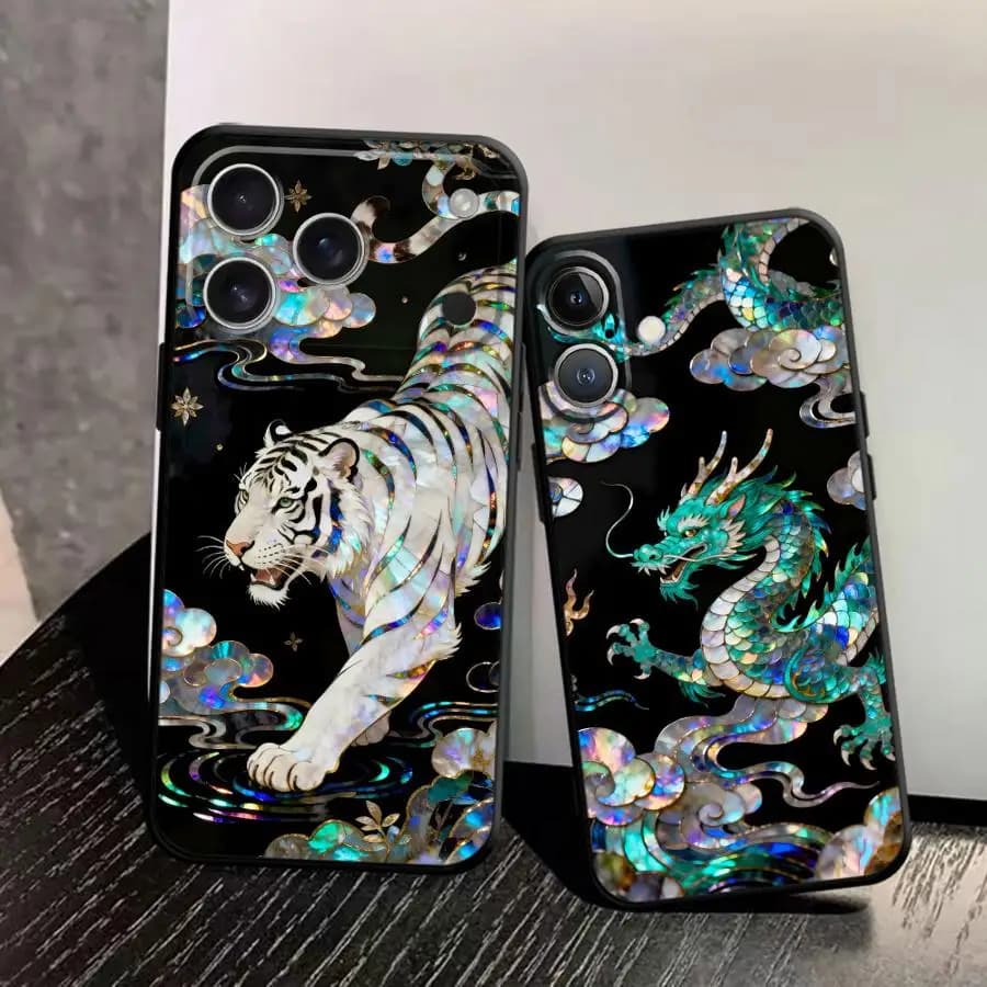 Cover per Telefono con Stampa Tigre e Drago Verde per Apple iPhone 17 Pro Max 11 XR XS MAX 12 15 Pro 7 8 16 13 14 17e Air