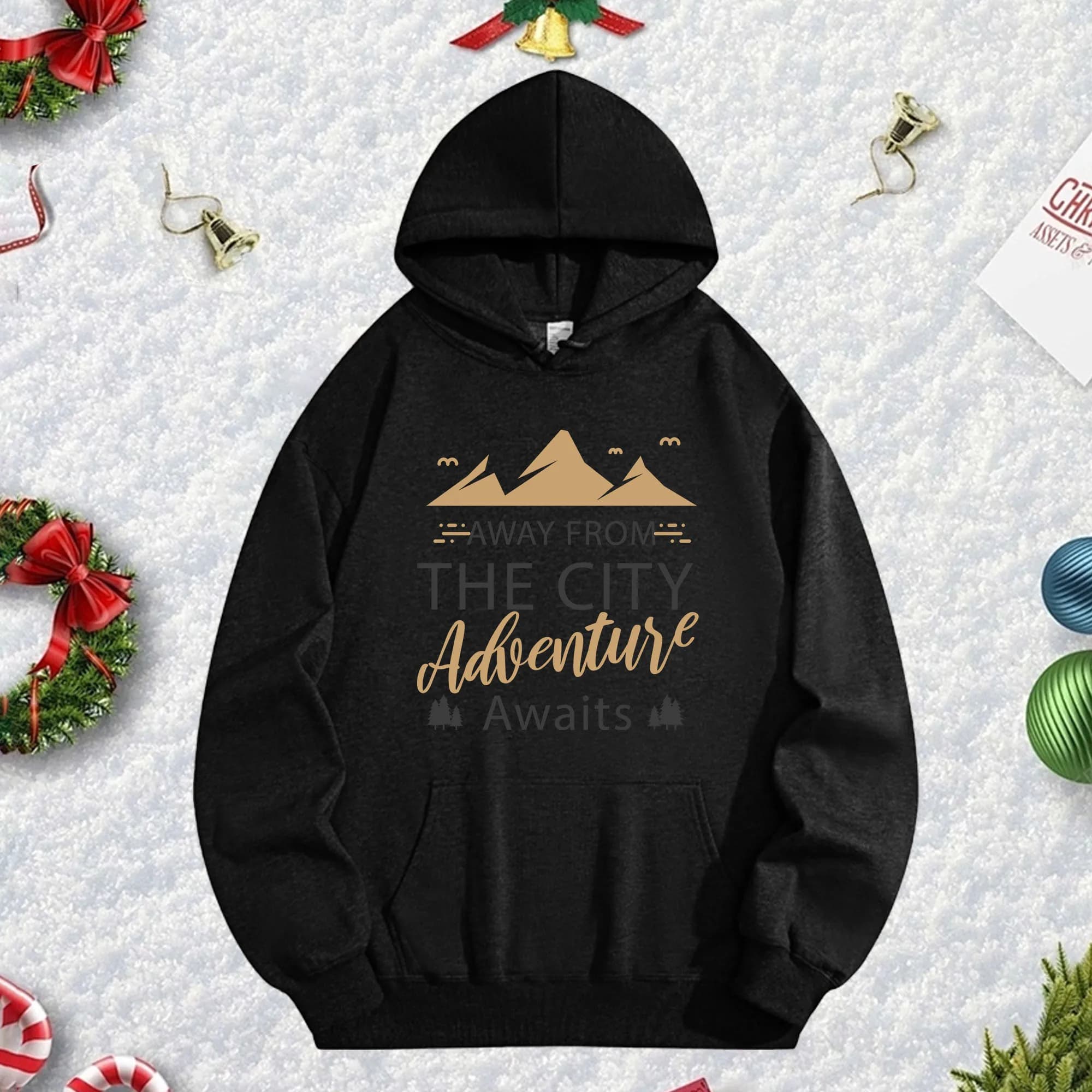 Away From City Unisex Hoodie Black 270G, hot fleece sweatshirt for winter season, Christmas and New Year's holiday clothing