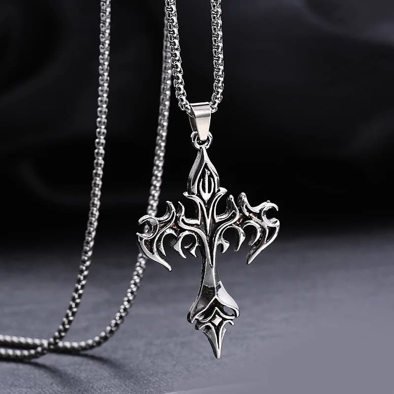 Vintage Flame Cross Pendant Necklace for Women Chain Long punk Gothic Accessories Fashion Round Neck Jewelry Gothic