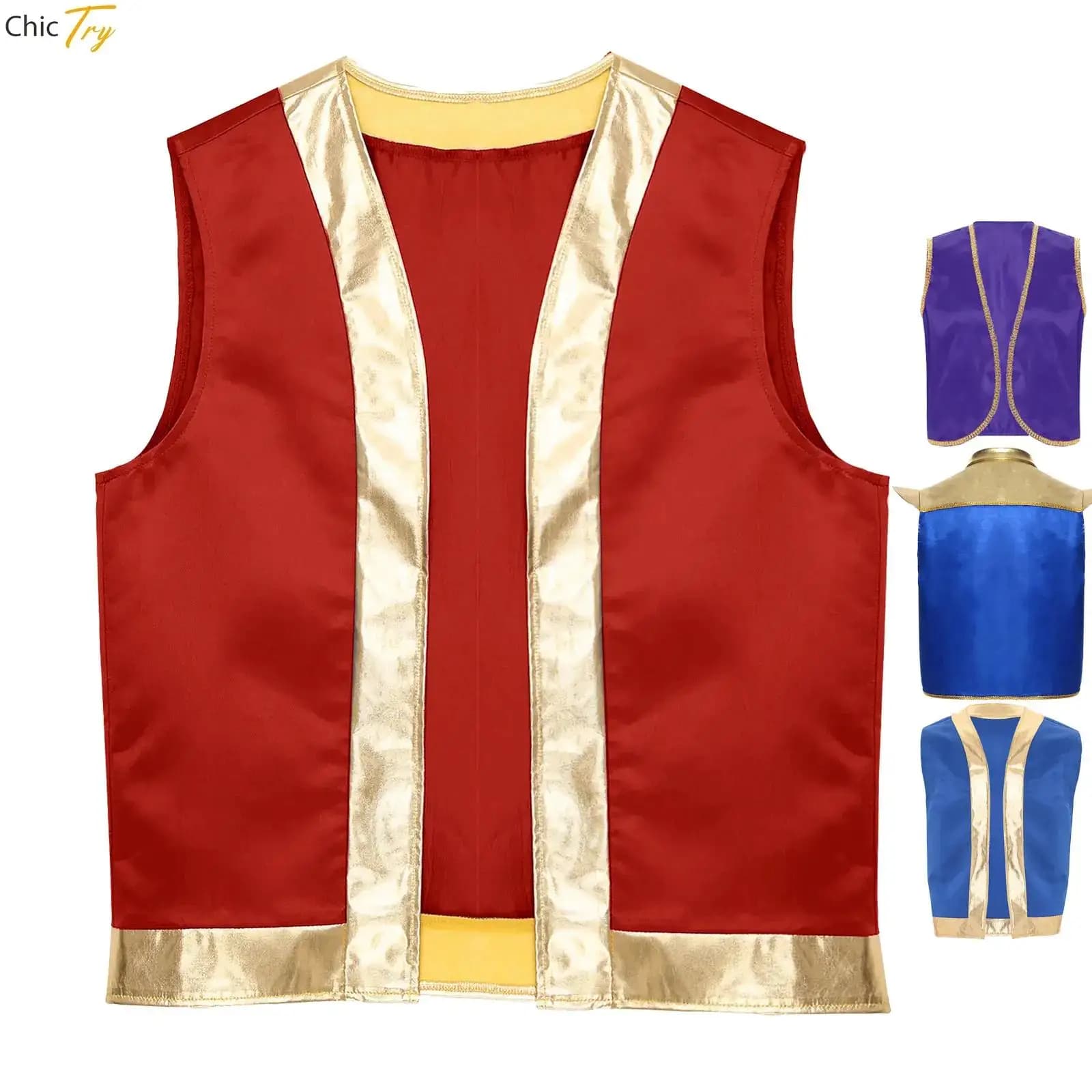 Costume da principe arabo da uomo, gilet con rospo, aperto sul davanti, Aladini arabi persiani, gioco di ruolo di Halloween, gilet senza maniche per carnevale