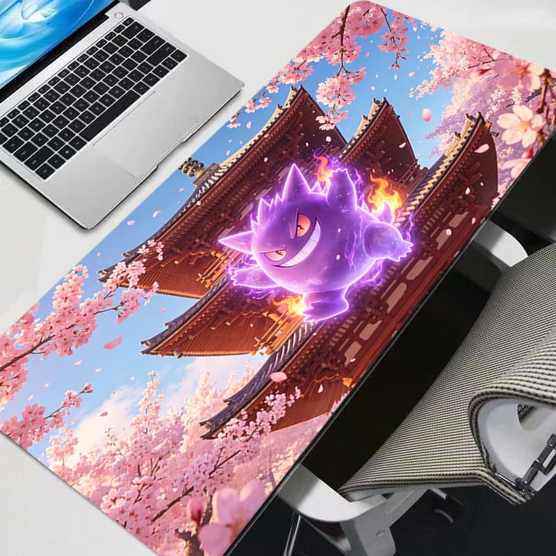 Tappetino per Mouse da Gaming Extra Large Gengar Pikachu Sakura Pagoda, Tappeto per Computer, Tastiera e Mouse, Tappetino in Gomma per Scrivania