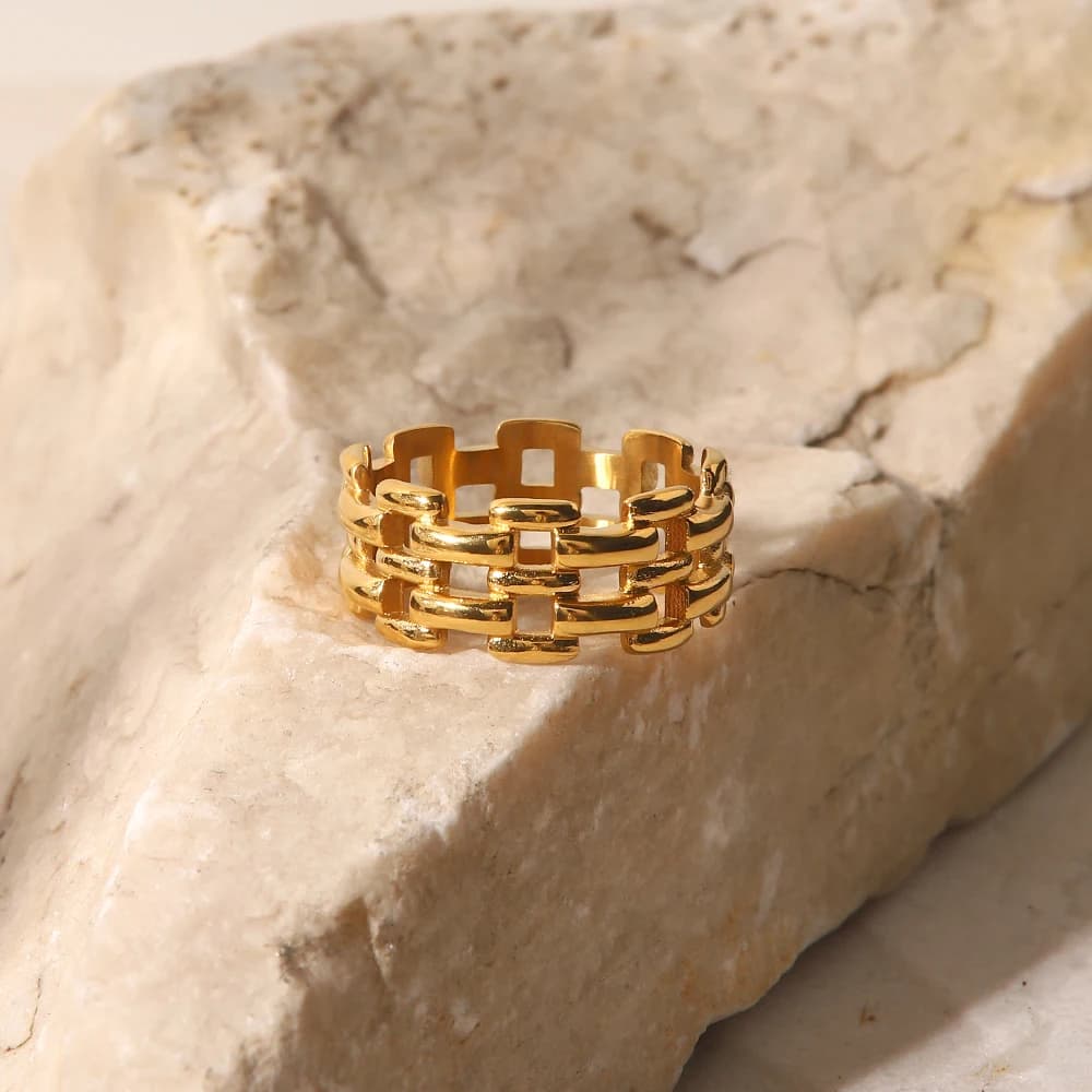 Stainless Steel Watch Band Chain Ring 18K Gold Plated Hollow Multi Layer Link Ring Waterproof Women Statement Finger Ring