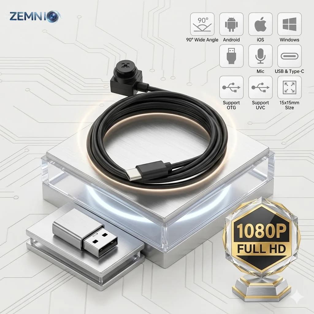 1080P Full HD Mini Camera, UVC USB Webcam, Built-in Mic, 15X15mm,Wide Angle,Type-C to USB adapter,OTG Support for Android iOS PC