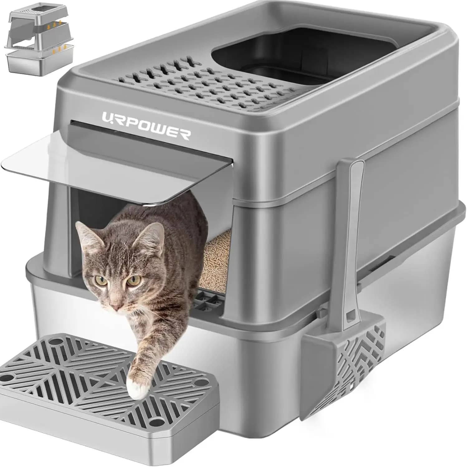 Lettiera per Gatti Extra Large in Acciaio Inossidabile con Coperchio, Ingresso Frontale e Superiore, Antiaderente, Inodore, Facile da Pulire