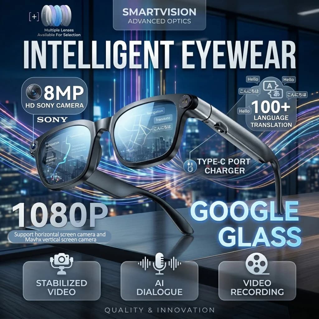 Nuovi Occhiali Smart AI per il Business con Fotocamera HD da 8MP, Registrazione Video Anti-vibrazione, ChatGPT, Traduzione WIFI, Chiamate, Occhiali da Sole Impermeabili da Uomo per iOS