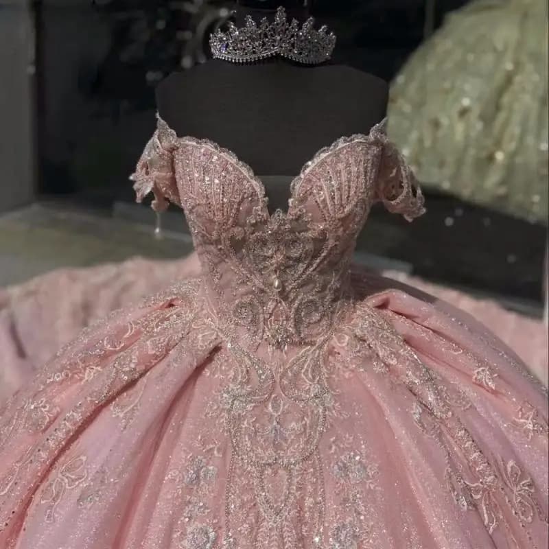 Abito da ballo elegante rosa messicano personalizzato Abiti Quinceanera Glitter Tulle Abito da festa Donna Abiti da festa