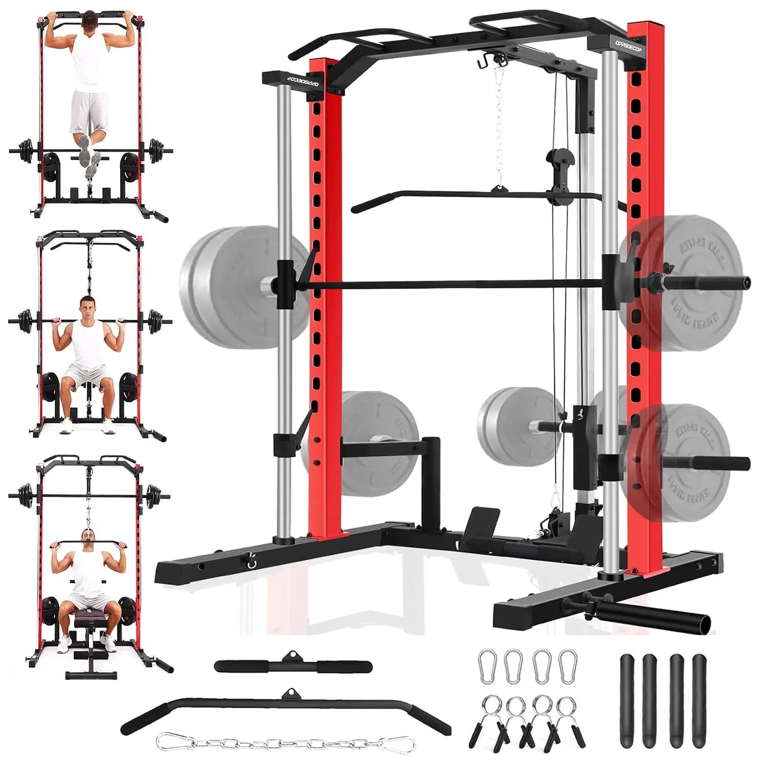 All-in-One Smith Machine Power Rack with LAT Pull Down, Pull Up Bar, Barbell & Plate Storage for Home Gym, Customized