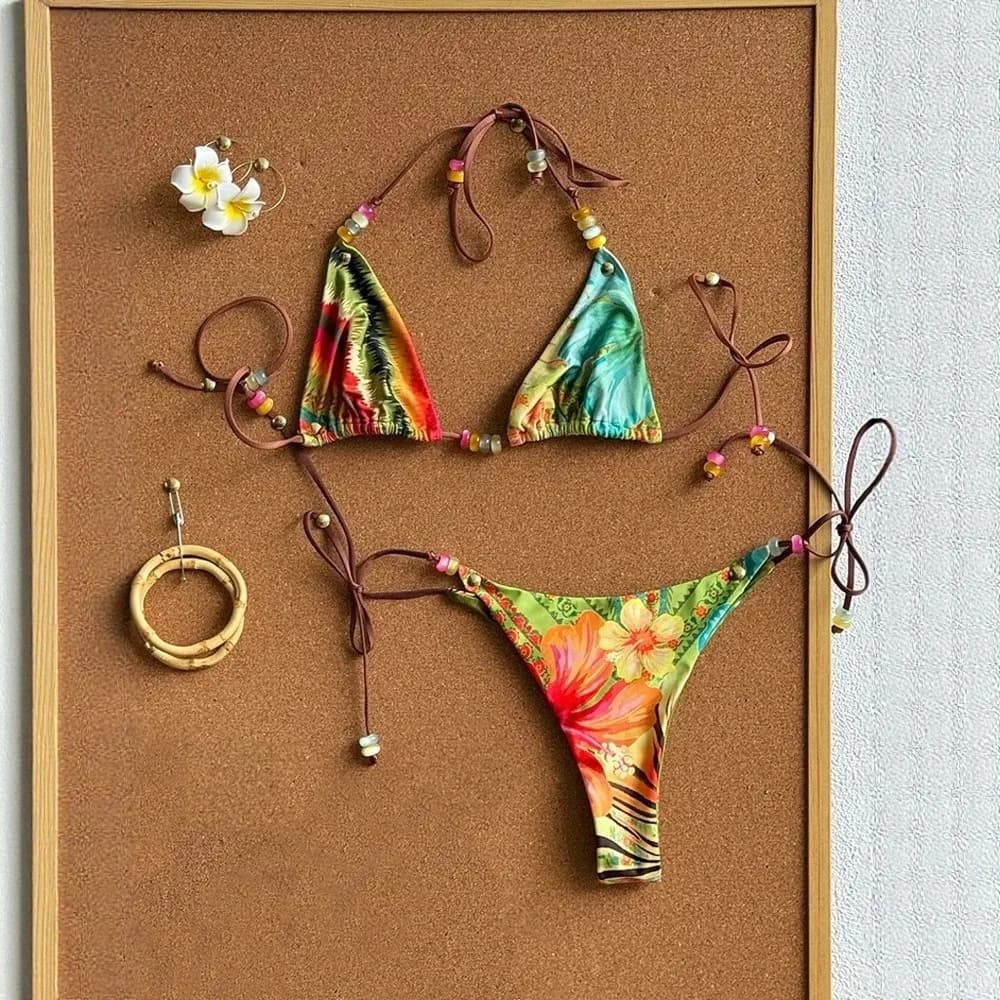 2026 Sexy Set Bikini Micro Stampato da Donna con Laccetti Laterali e Perizoma G-String, Costume da Bagno Femminile con Fascia, Stile Brasiliano