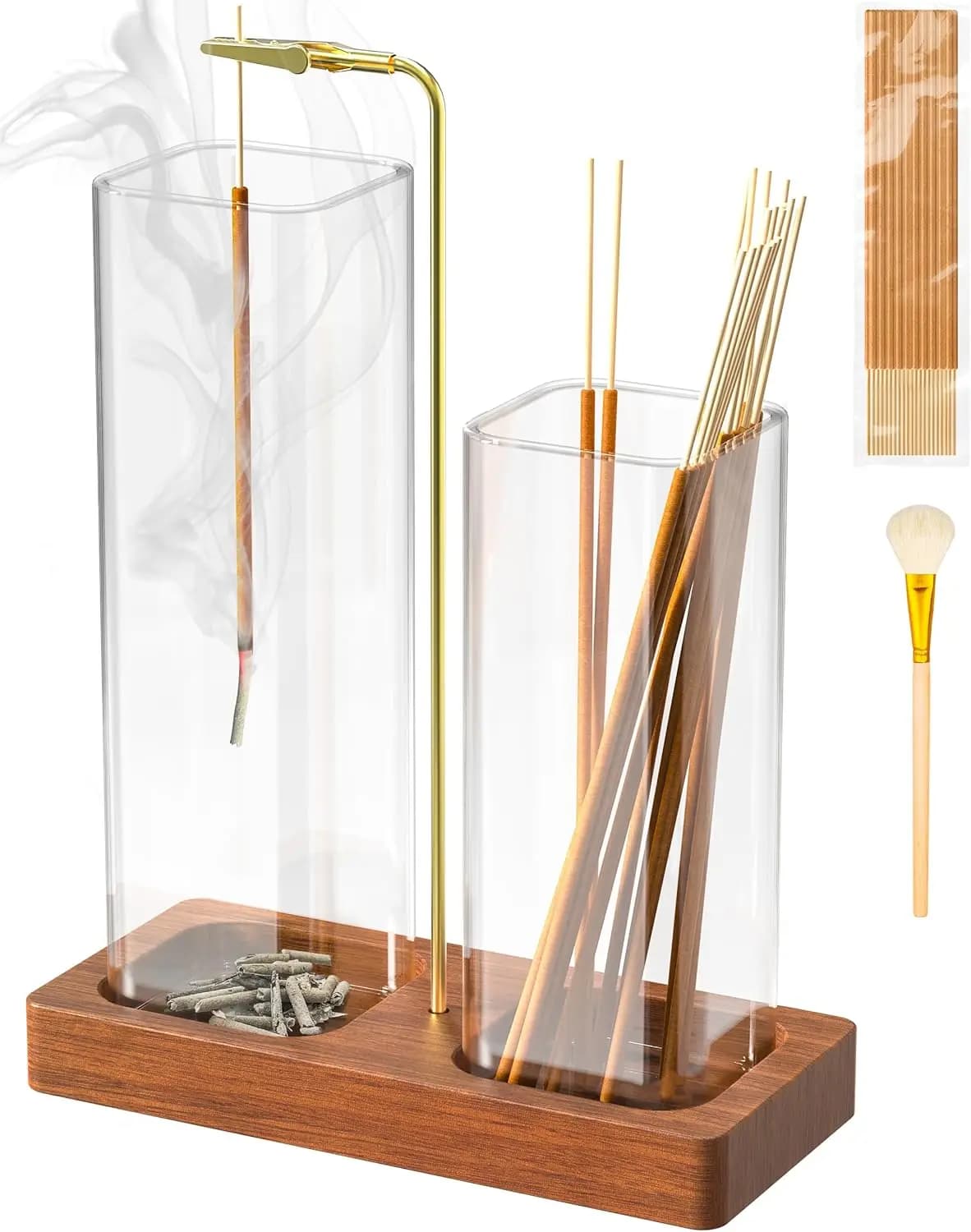 2 in 1 Incense Holder with 7.8' & 5.9' Glass Jars, Large Incense Holder for Sticks, Upside Down Incense Burner with Ash Catcher