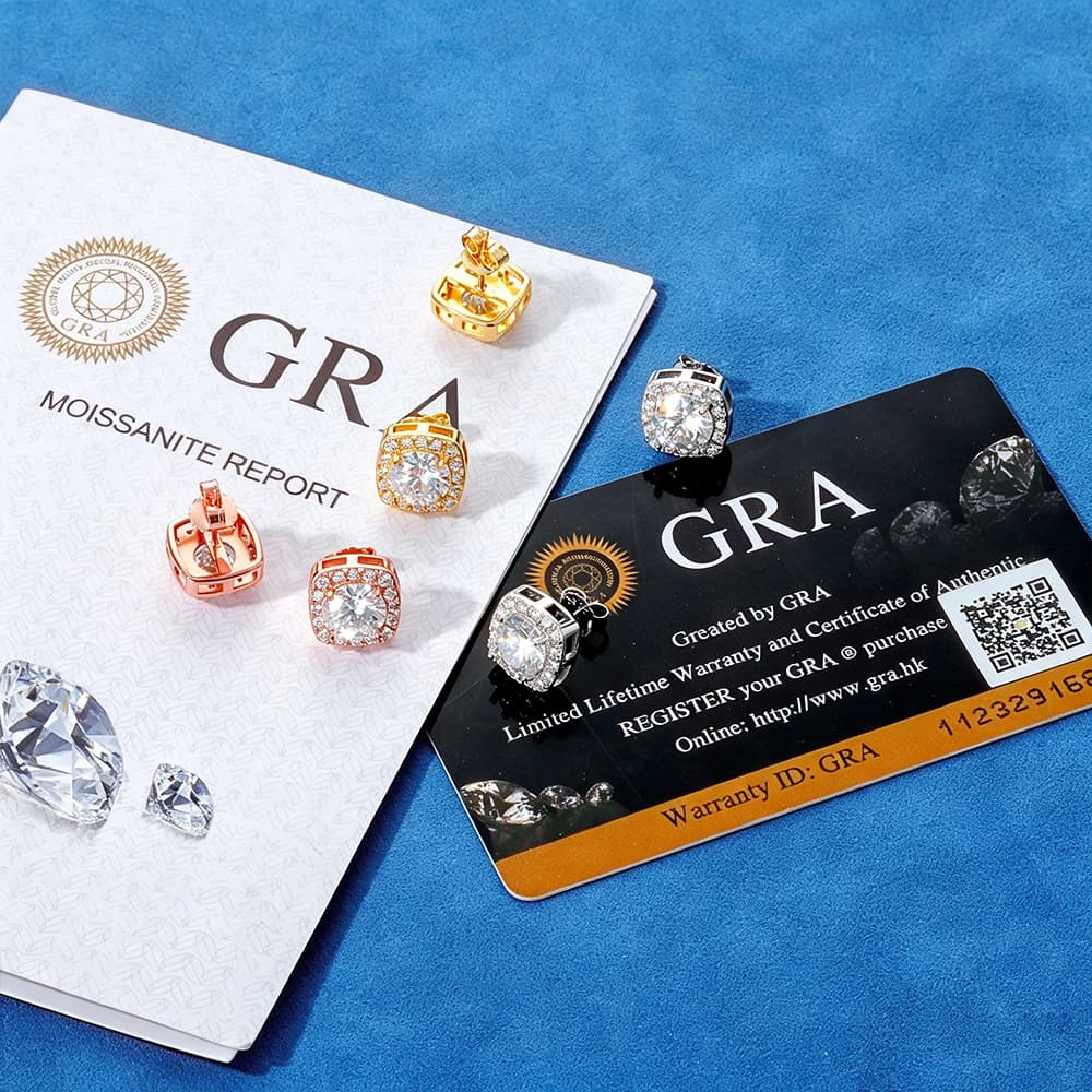VVS1 Round Moissanite Stud Earrings For Men Women Square Halo Dazzling Ear Studs 925 Sterling Silver Hip Hop Fine Jewelry Gift