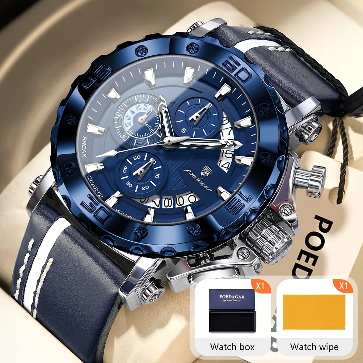 POEDAGAR Top Sport Man Watch Waterproof Luminous Date Fashion Male Clock Chronograph Leather Quartz Big Dial Men's Watches Reloj
