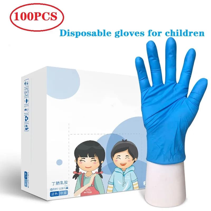100/20 pezzi Guanti monouso per bambini Guanti in lattice di nitrile per bambini Guanti da scuola ispessiti Pulizia della casa Gomma blu