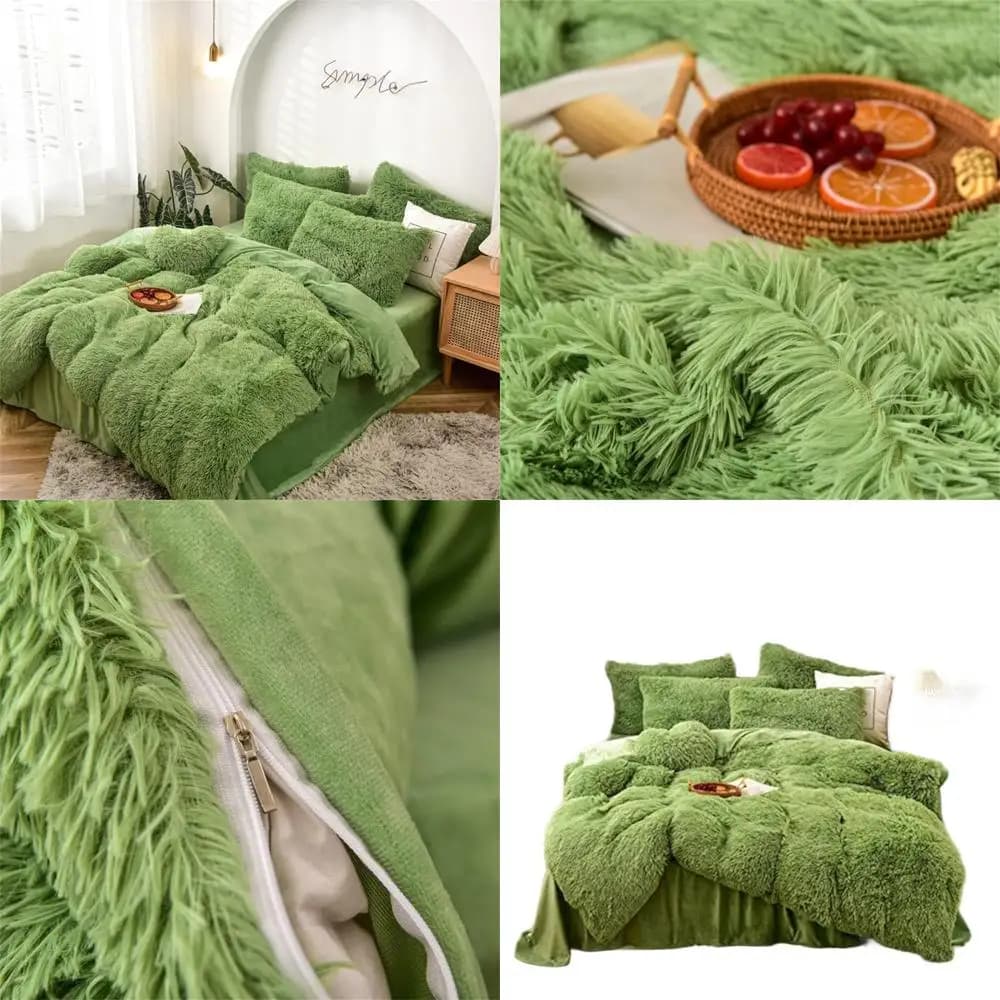 Set copripiumino soffice e peloso full size verde avocado con 2 federe e chiusura a cerniera