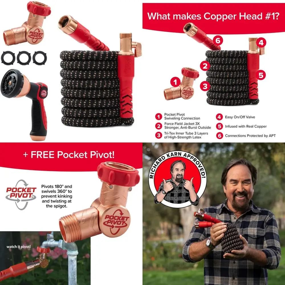 50-foot expandable garden pipe with UV-resistant copper head and 10 model sprayer, high pressure 650 PSI, 3/4 inch diameter, P