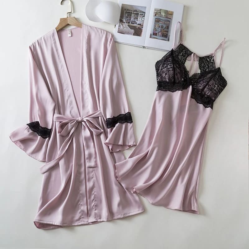 Female Twinset Lace Robe Set Summer Satin Kimono Bathrobe Gown Suit Lingerie Women Sleepwear Nightgown Home Dress Loungewear