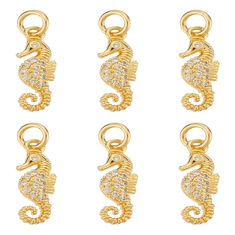 1 set 6 pendenti in ottone con zirconi micro pavimentati con anello di salto cavalluccio marino 16x5,5x2,5 mm Foro: 3,2 mm
