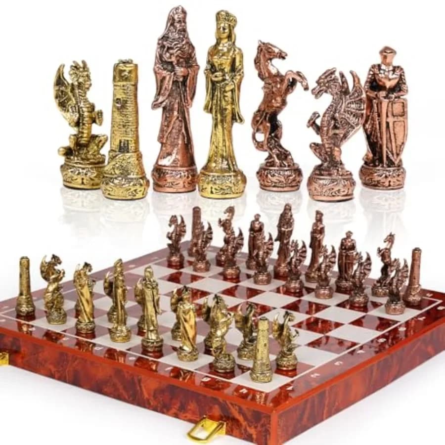 Set di scacchi vintage in metallo con statuette per adulti e bambini: scacchiera in legno da 15'', pezzi in bronzo antico, elegante gioco da viaggio da collezione