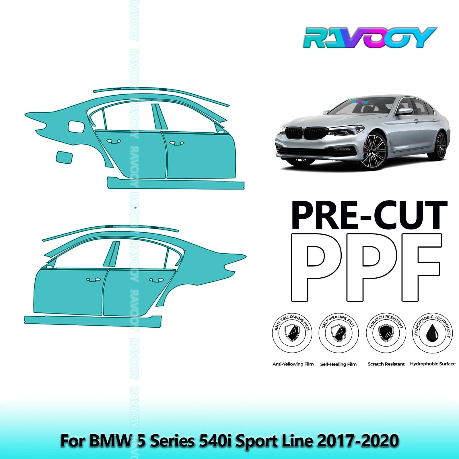 For BMW Series 5 5 540i Sport Line 2017-2020 8.5mil Transparent Pre-Cut PPF Door and Pillar A/B Kit Protection Film TPU Set