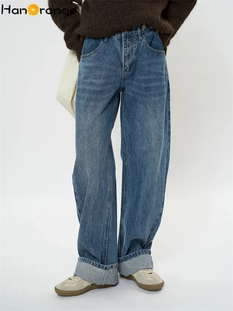 HanOrange 2026 Jeans Dritti Larghi da Donna in Cotone Denim Blu per la Primavera Precoce