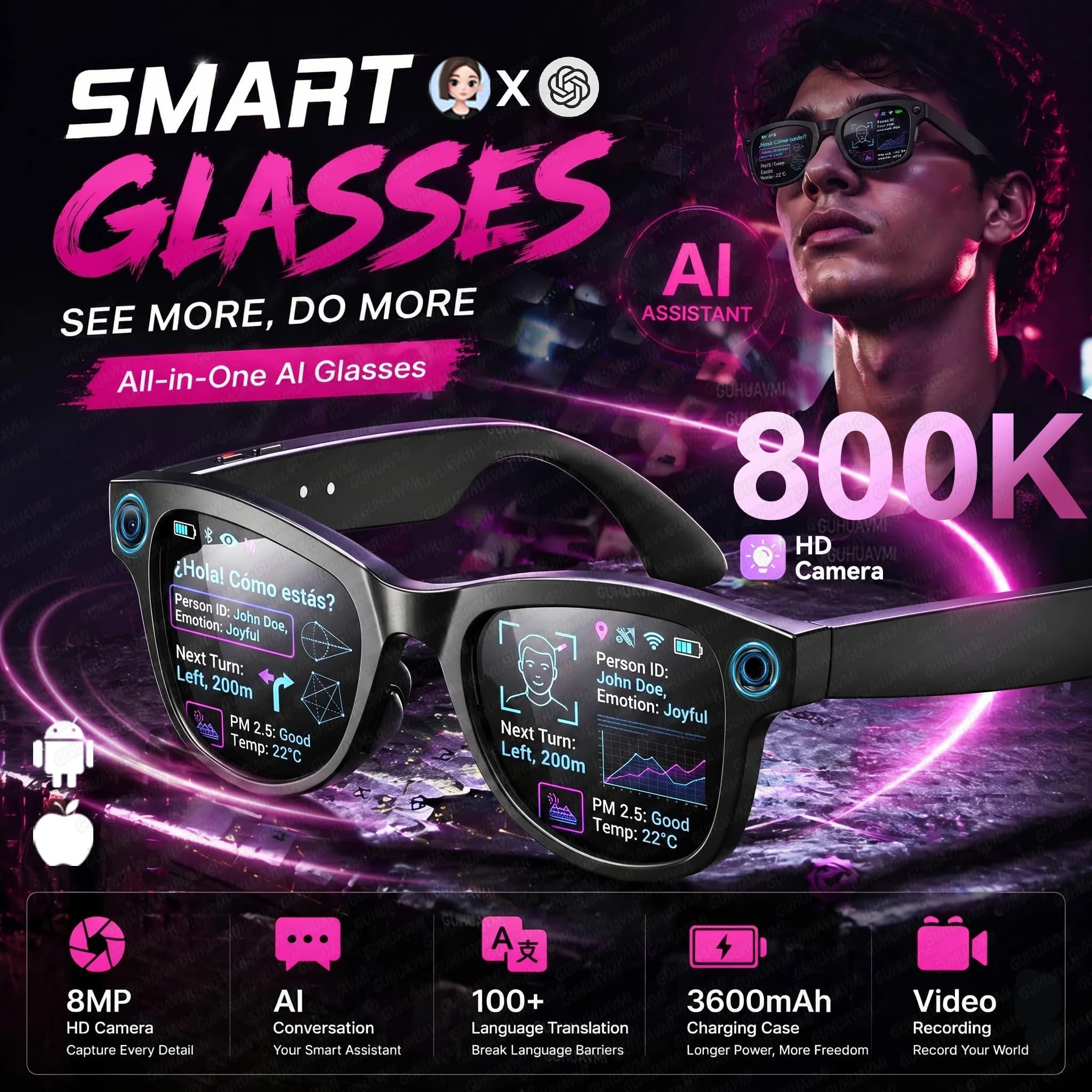 Nuovi Occhiali Smart AI 2026 con Custodia di Ricarica da 3600mAh, Fotocamera da 800W Pixel, Video POV 1080P, Oltre 100 Traduzioni, Assistente AI, Occhiali da Sole Compatibili con iOS