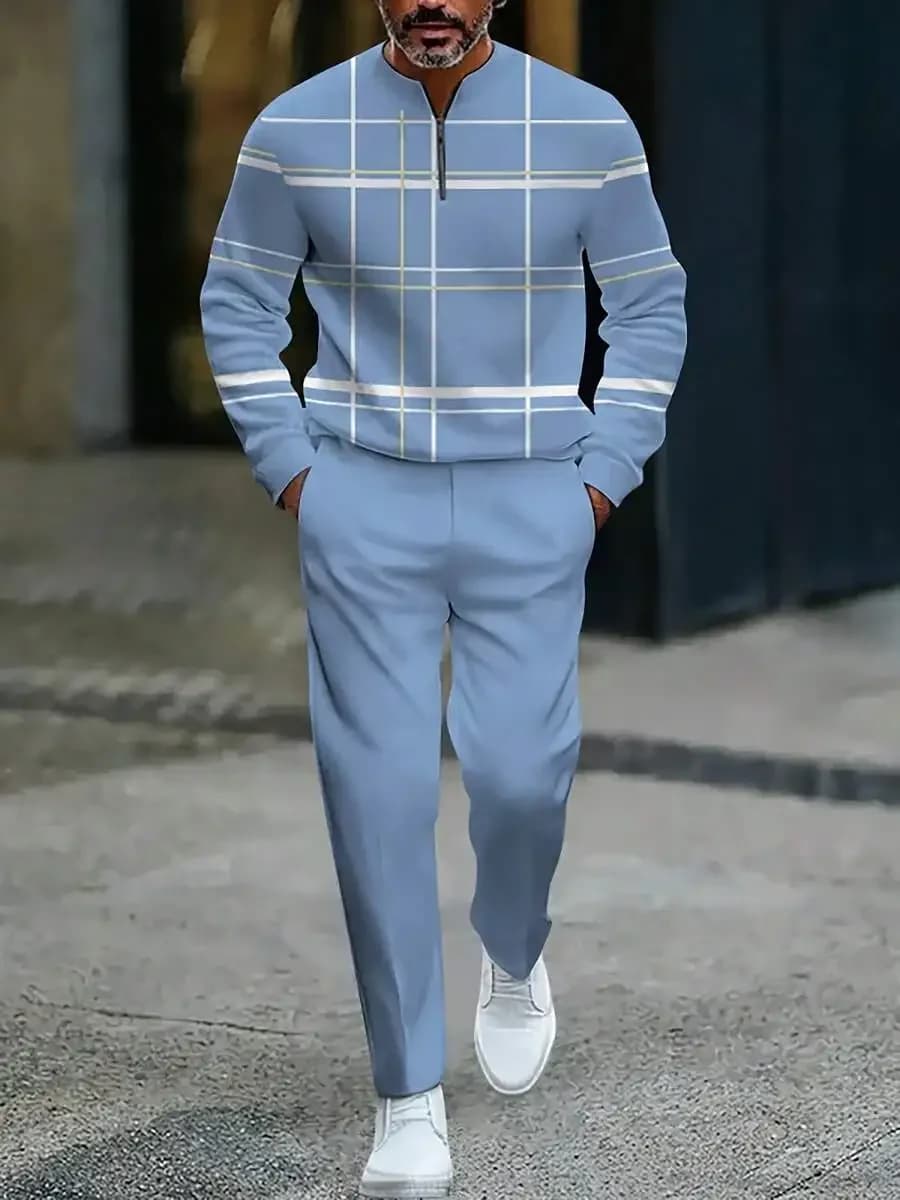 Set di maglione e pantaloni da uomo a quadri azzurri con mezza zip, abbigliamento sportivo casual da lavoro