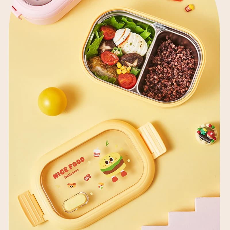 Hamburger French Fries Pattern Stainless Steel Lunch Box Student Office Healthy Food Storage Containers Portable Grids Bento Box