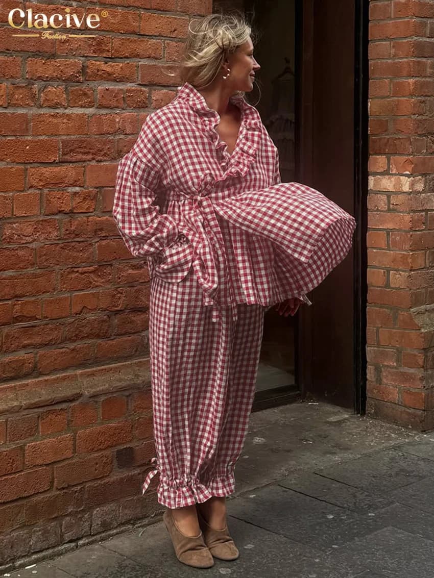 Clacive Fashion Loose Red Plaid 2 Piece Set Women Elegant Long Sleeve Shirt With High Waist Pencil Pants Set Female Streetwear