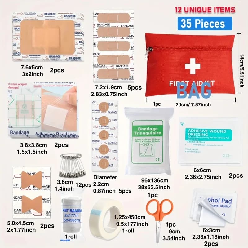 Kit di Pronto Soccorso Portatile 35 Pezzi, 12 Articoli di Forniture Mediche d'Emergenza, Borsa per Auto, Viaggi, Casa, Campeggio e Attività all'Aperto