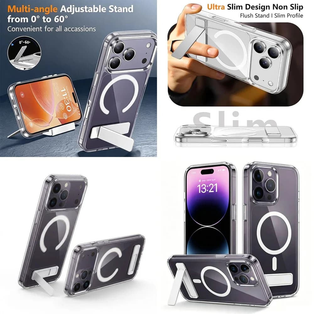 Crystal Clear Magnetic Cover with Foldable Holder Stand Raised Edges TPU PC for iPhone 11 12 13 14 15 16 17 Pro Max Plus mini