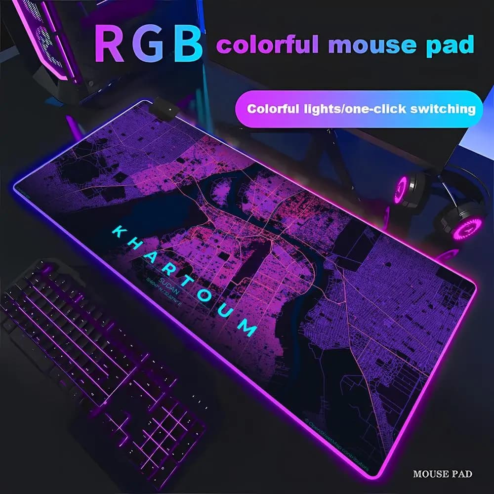 HYBXAXC Desk Mat Mouse Pad Purple Black Khartoum City Abstract Art Design for Gaming Office Home DecorRGB Gamer Large LED Light