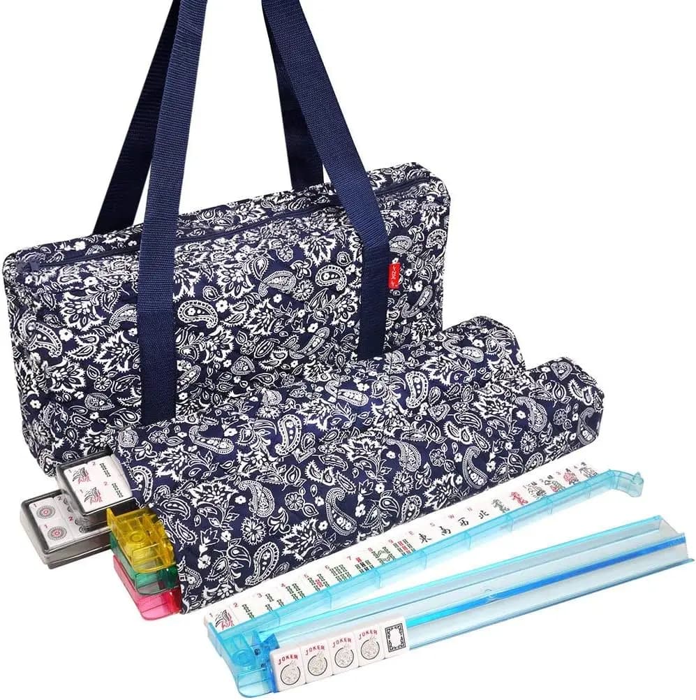 Set Mahjong Americano Premium con 166 Tessere Bianche, 4 Supporti/Spingitori All-in-One, Borsa Morbida Blu Paisley – Set Mahjong Completo Formato Standard