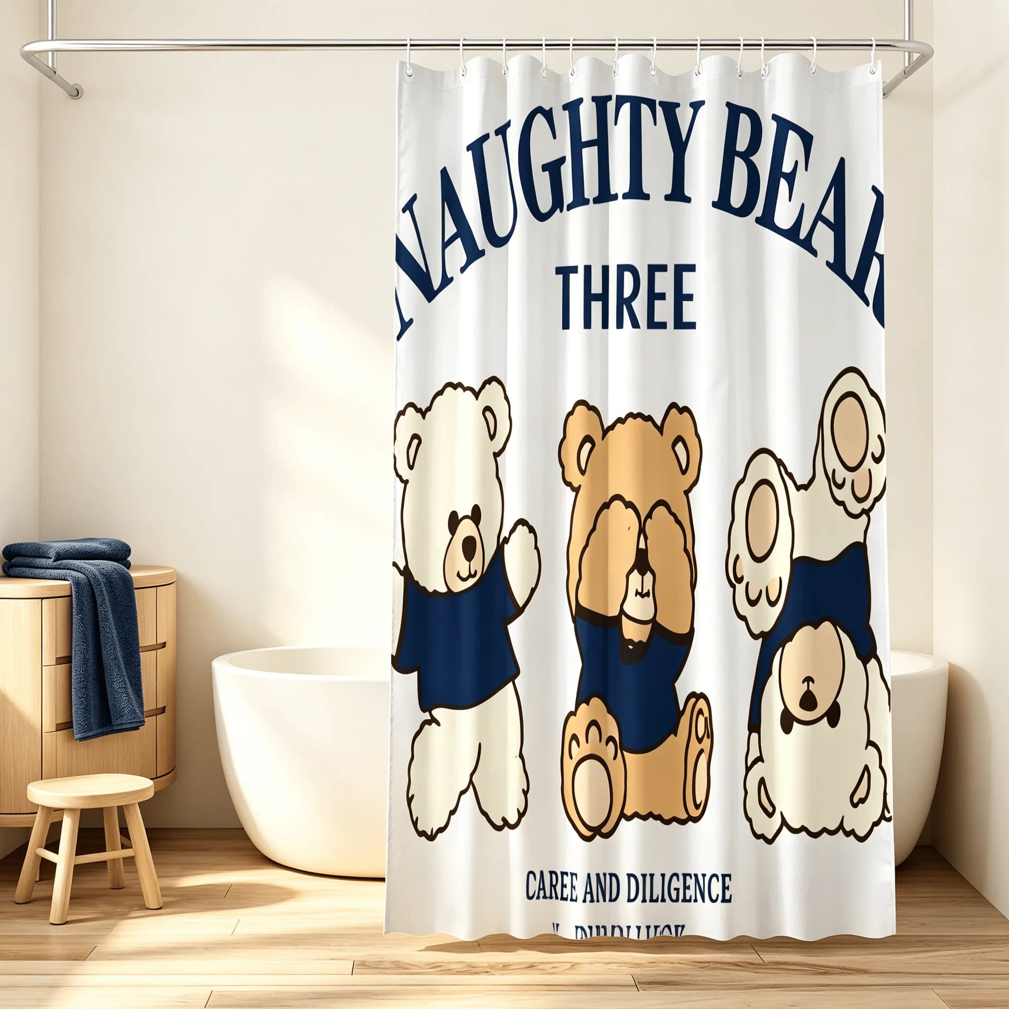 Naughty Three Bears Shower Curtain Waterproof Polyester Fabric Cartoon Teddy Bear Bathroom Decor 36 x 72 Inch Bathtub Curtain