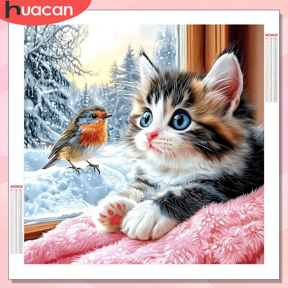 HUACAN Kit Completo Mosaico Diamantato 5D Gatto Animale Uccello Inverno, con Diamanti Quadrati e Rotondi, Pittura Diamantata Fatta a Mano con Strass