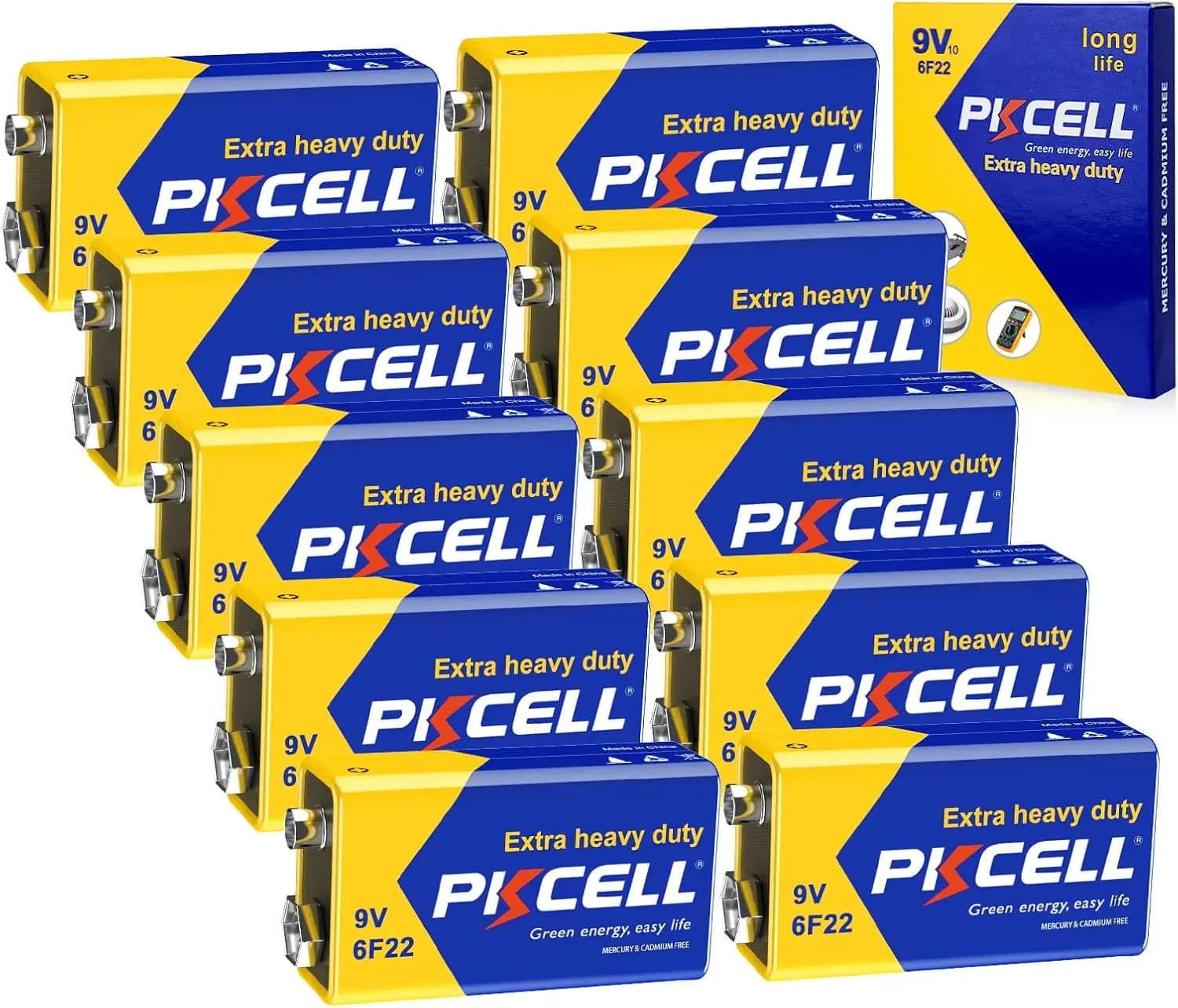 Confezione da 10 Batterie Zinco-Carbone 9V per Rilevatori di Fumo, Allarmi, Lunga Durata